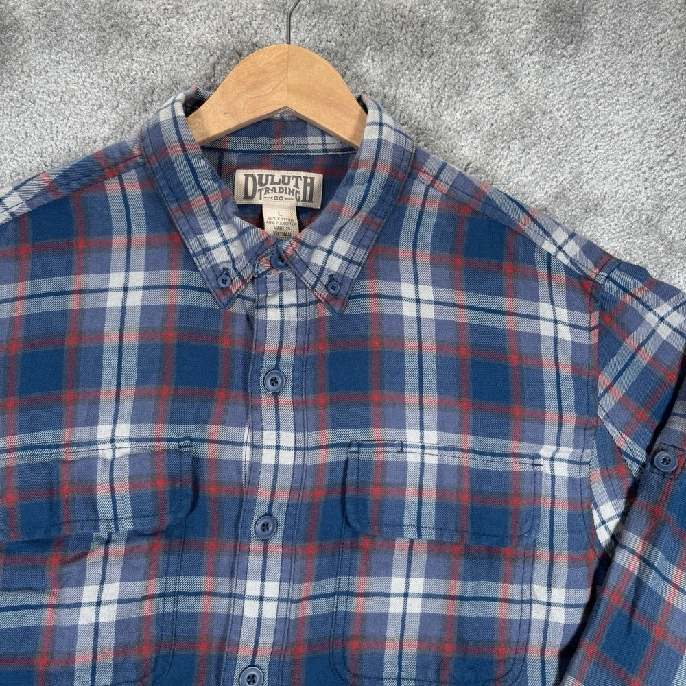 Duluth Trading Co Shirt Mens L Blue Red Plaid Crosscut Performance Flannel Work